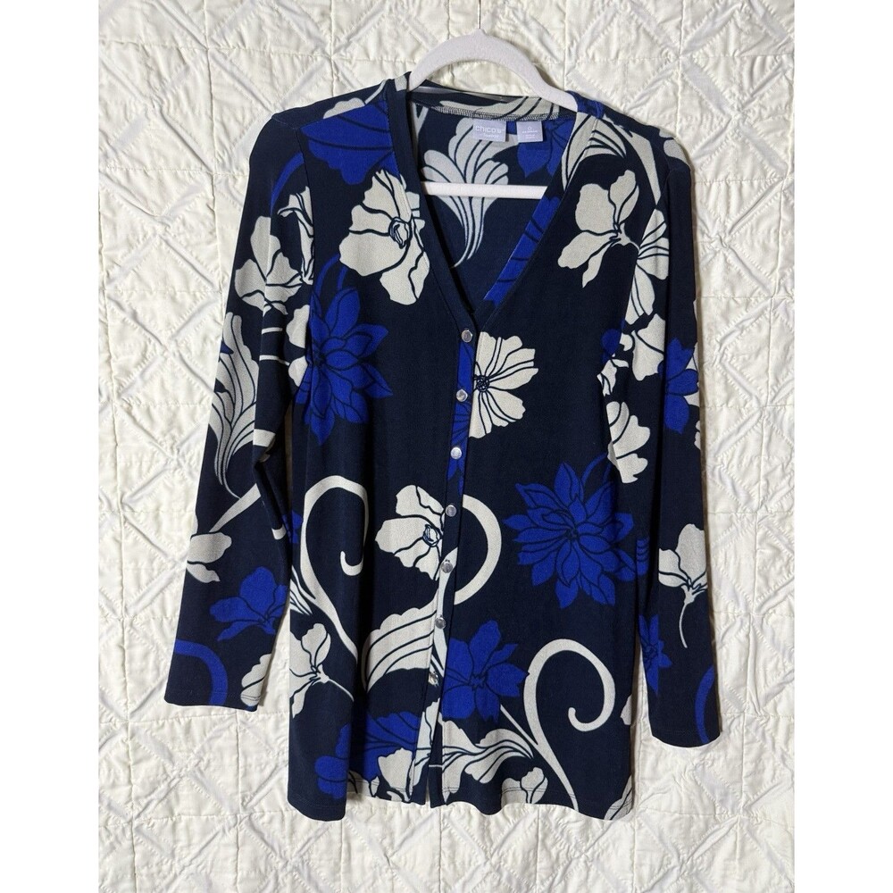 Chico's Women's Blue White Floral V-Neck Button Front 3/4 Sleeve Blouse 0